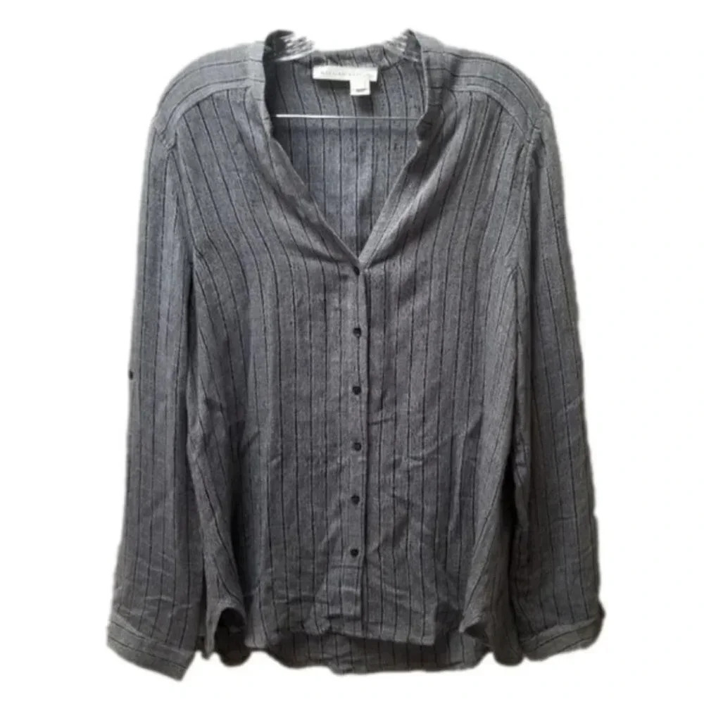 Melissa Nepton 100% Viscose Striped Collarless Button Down  Shirt L